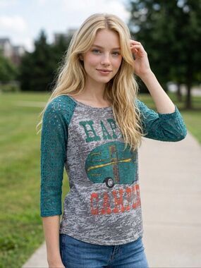 Southern Grace Happy Camper Tee XS Gray Burnout Raglan Lace Sleeve Camping Top